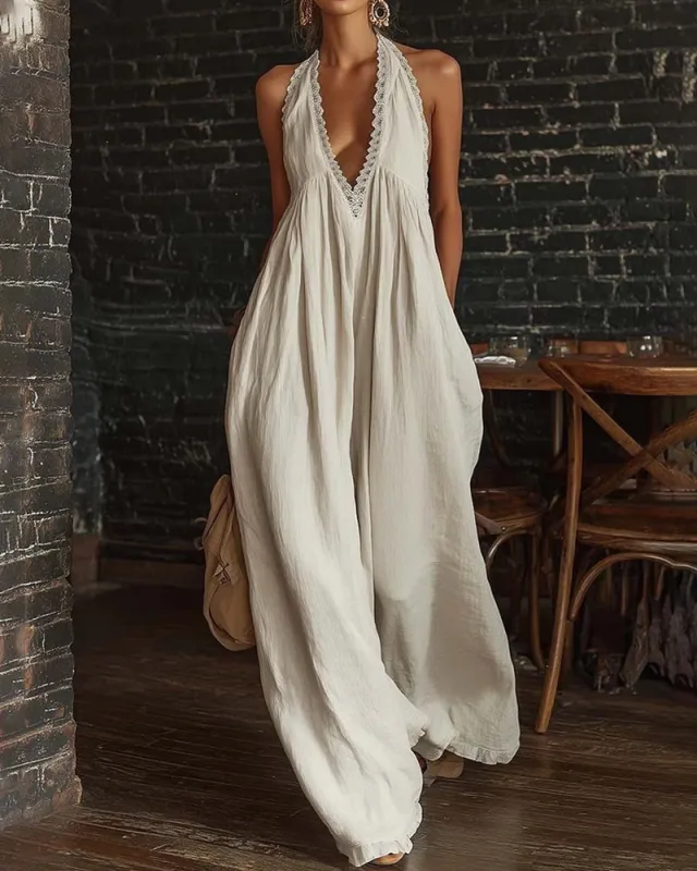 Boho Halter Deep V Wide Leg Lace Trim Jumpsuit made by zeagoo