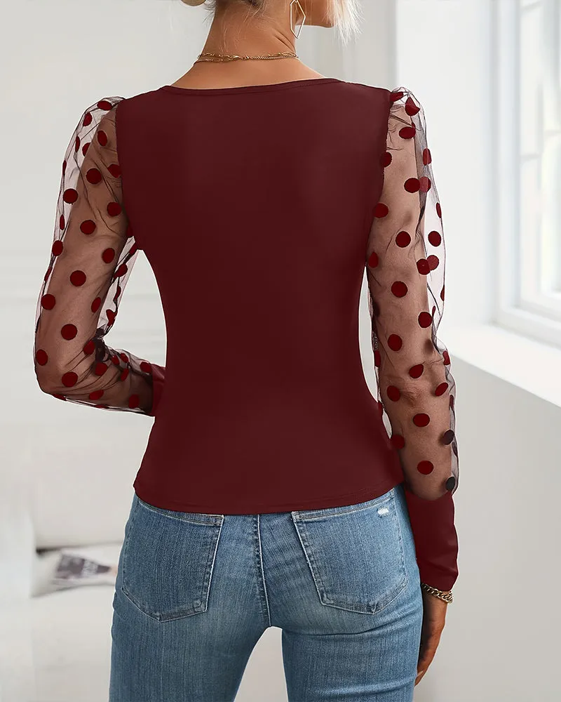 Elegant Polka Dot Mesh Sleeve Knit Fitted Top sold by zeagoo product image thumbnail 5