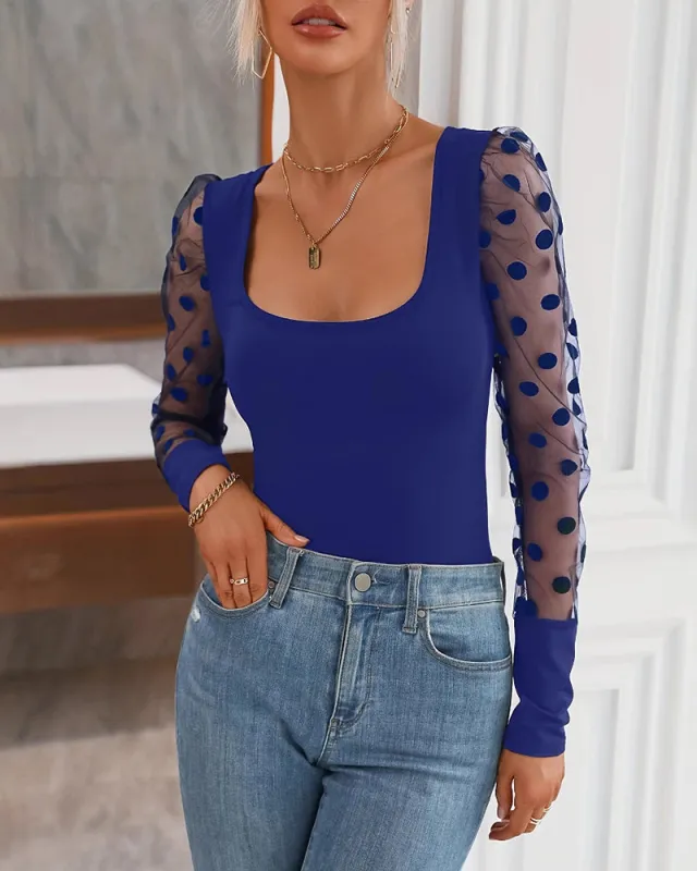 Elegant Polka Dot Mesh Sleeve Knit Fitted Top made by zeagoo