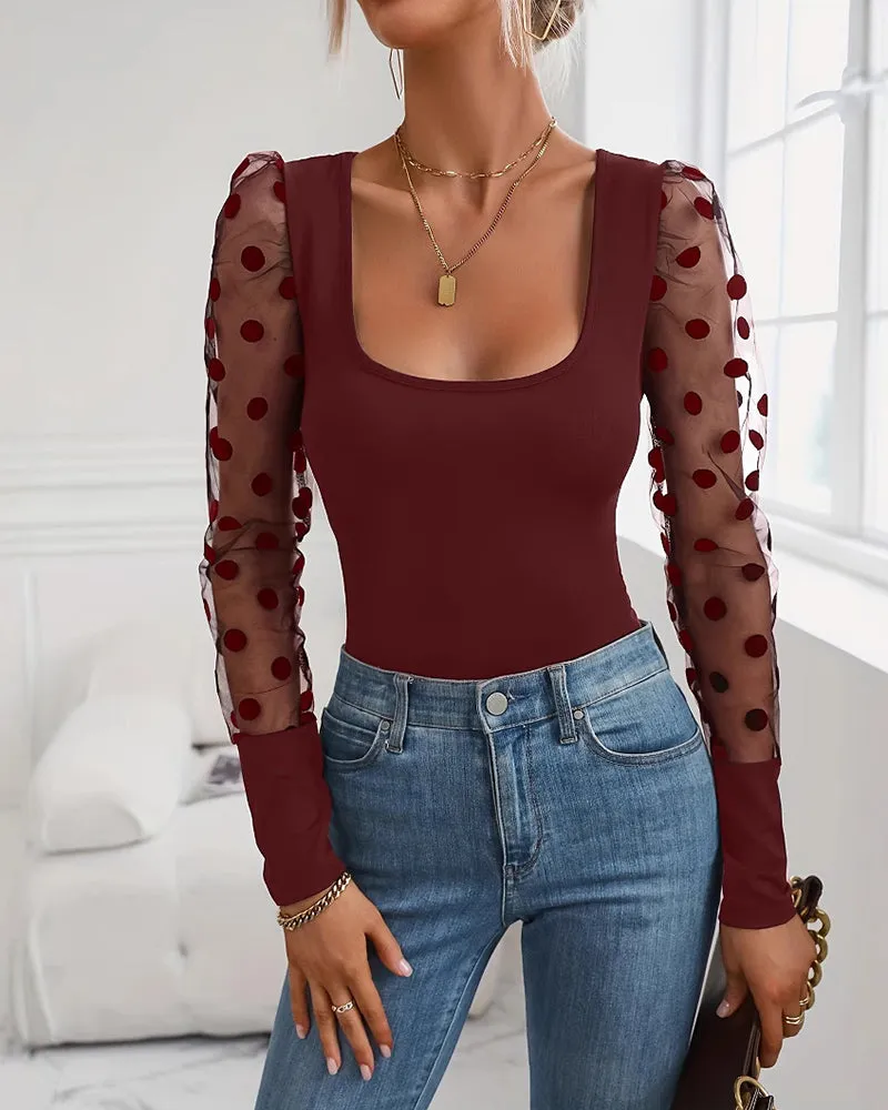 Elegant Polka Dot Mesh Sleeve Knit Fitted Top sold by zeagoo product image thumbnail 3