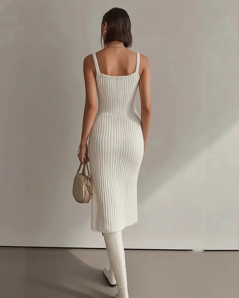 Minimalist Ribbed Knit Slit Design Bodycon Fit Midi Dress sold by zeagoo product image thumbnail 2