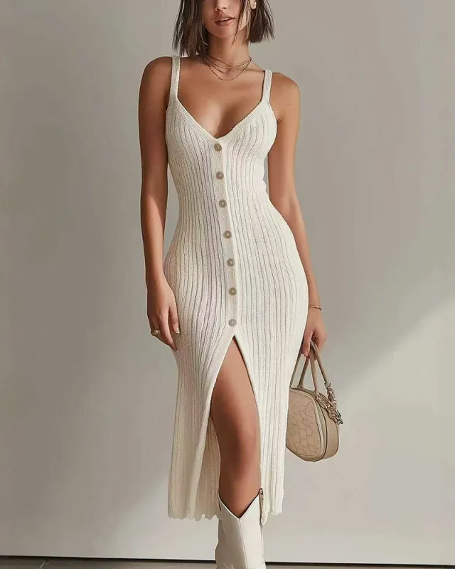 Minimalist Ribbed Knit Slit Design Bodycon Fit Midi Dress made by zeagoo