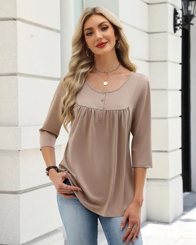 Zeagoo 3/4 Sleeve Scoop Neck Pleated Flowy Tunic Top (US Only) made by zeagoo