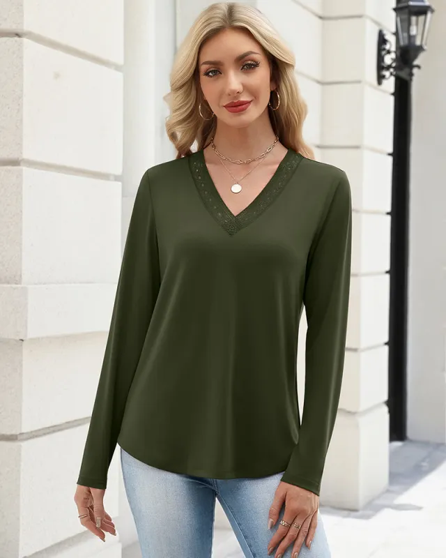 Zeagoo V Neck Solid Lace Trim Long Sleeve Top (US Only) made by zeagoo