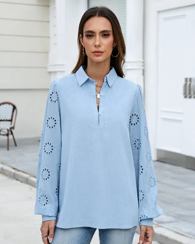 Zeagoo Women's Button Blouse Elegant Casual Tunic Shirt Embroidery Long Sleeve Collared Loose Tops (US Only)) made by zeagoo