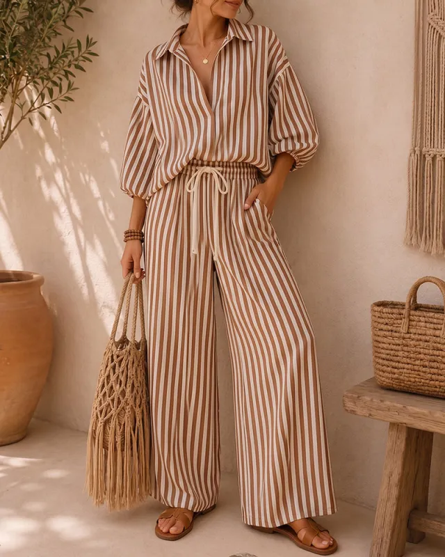 Comfortable Loose Fit Vertical Stripe Matching Set made by zeagoo