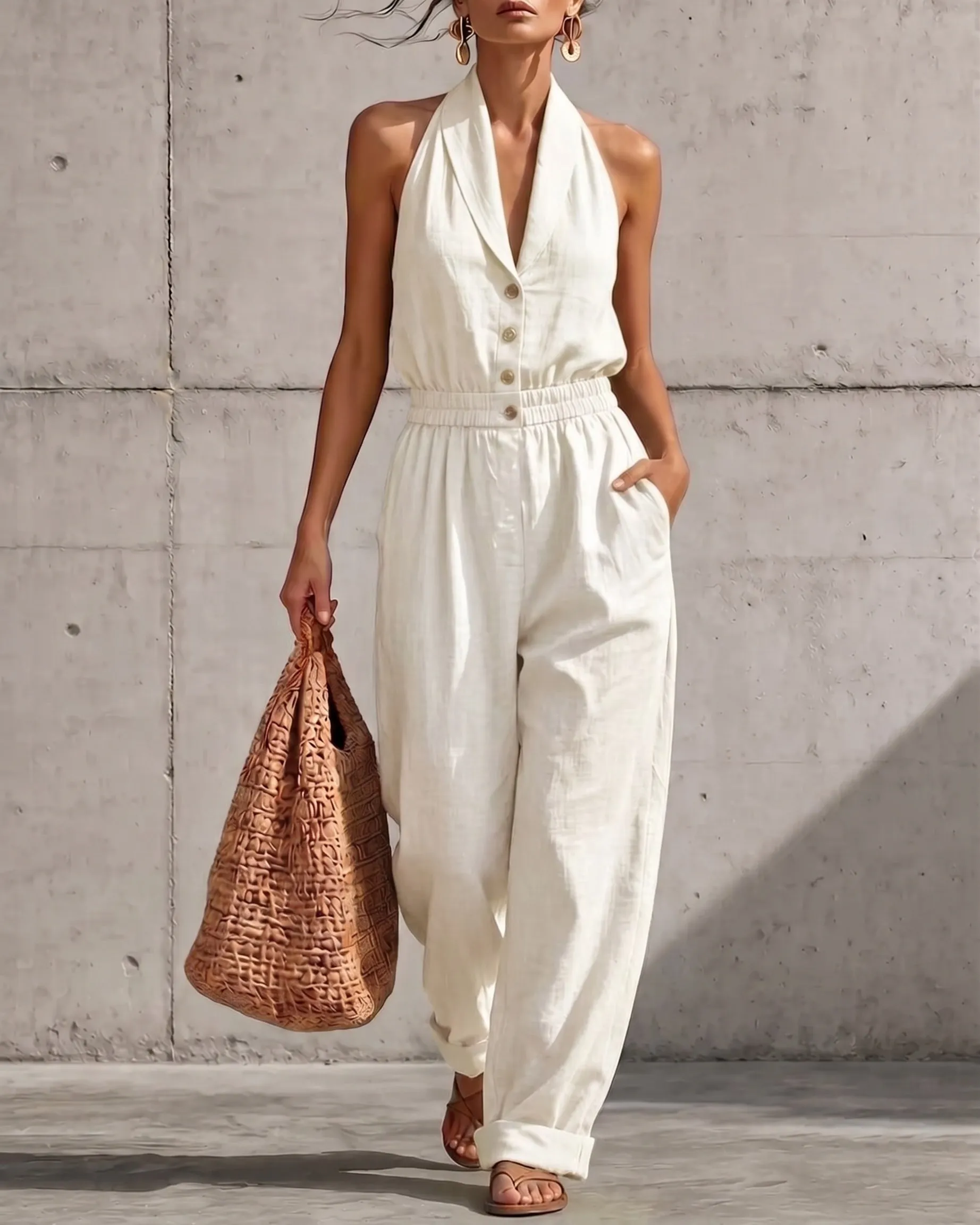 Casual Elastic Waist Halter Neck Wide-Leg Jumpsuit sold by zeagoo product image thumbnail 4