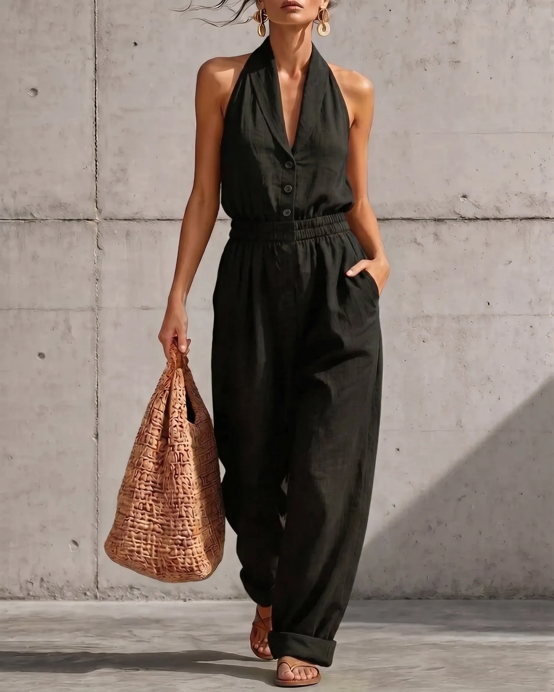 Casual Elastic Waist Halter Neck Wide-Leg Jumpsuit sold by zeagoo product image thumbnail 3