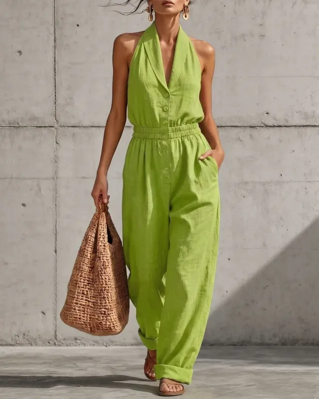 Casual Elastic Waist Halter Neck Wide-Leg Jumpsuit made by zeagoo