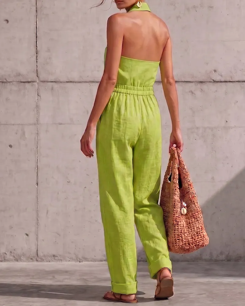 Casual Elastic Waist Halter Neck Wide-Leg Jumpsuit sold by zeagoo product image thumbnail 2