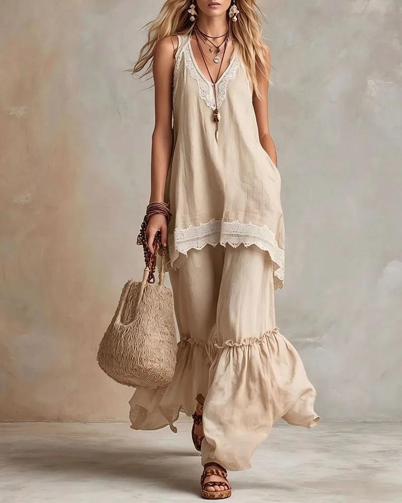 Comfort Loose Lace Trim Sleeveless Matching Set sold by zeagoo product image thumbnail 4