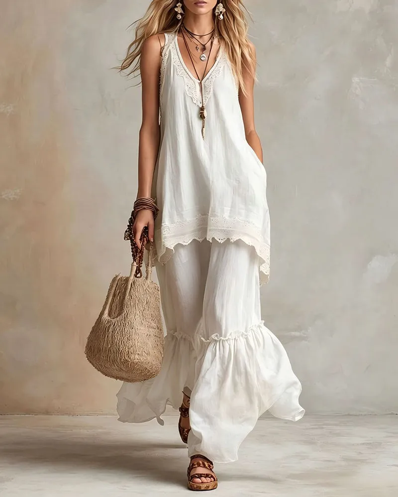 Comfort Loose Lace Trim Sleeveless Matching Set sold by zeagoo product image thumbnail 3