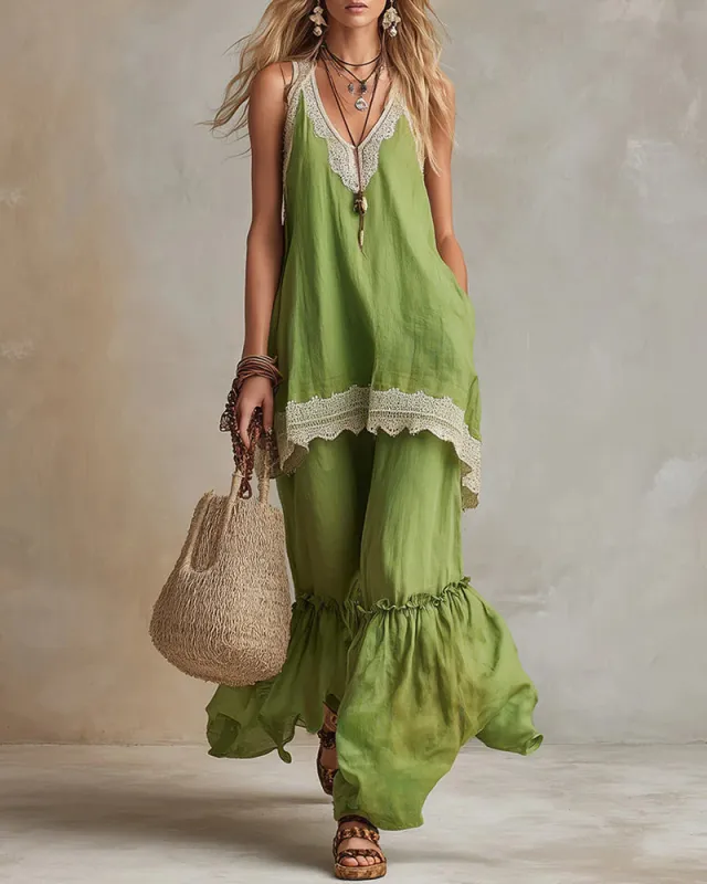 Comfort Loose Lace Trim Sleeveless Matching Set made by zeagoo