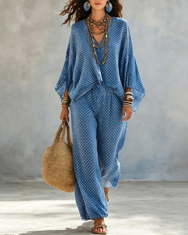 Effortless Chic Batwing Sleeve Polka Dot 2-Piece Set made by zeagoo