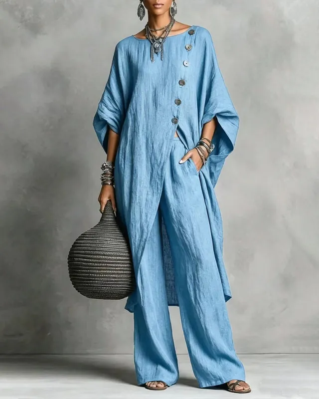 Minimalism Loose Slant Placket Matching Set made by zeagoo
