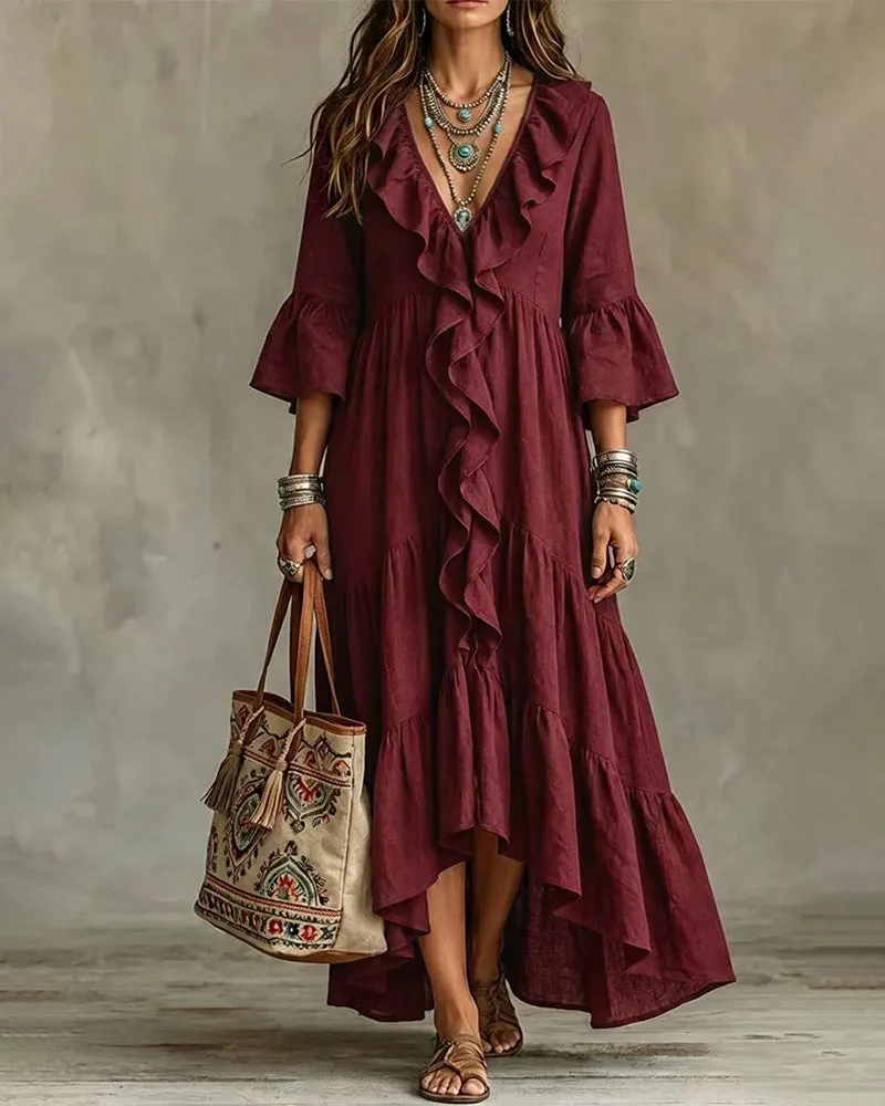 Flowy Vacation Deep V-neck Ruffled Dress sold by zeagoo product image thumbnail 5