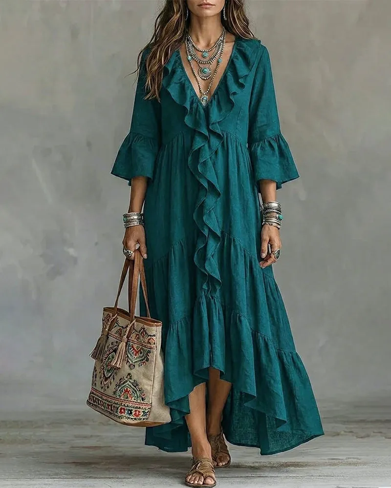 Flowy Vacation Deep V-neck Ruffled Dress sold by zeagoo product image thumbnail 3
