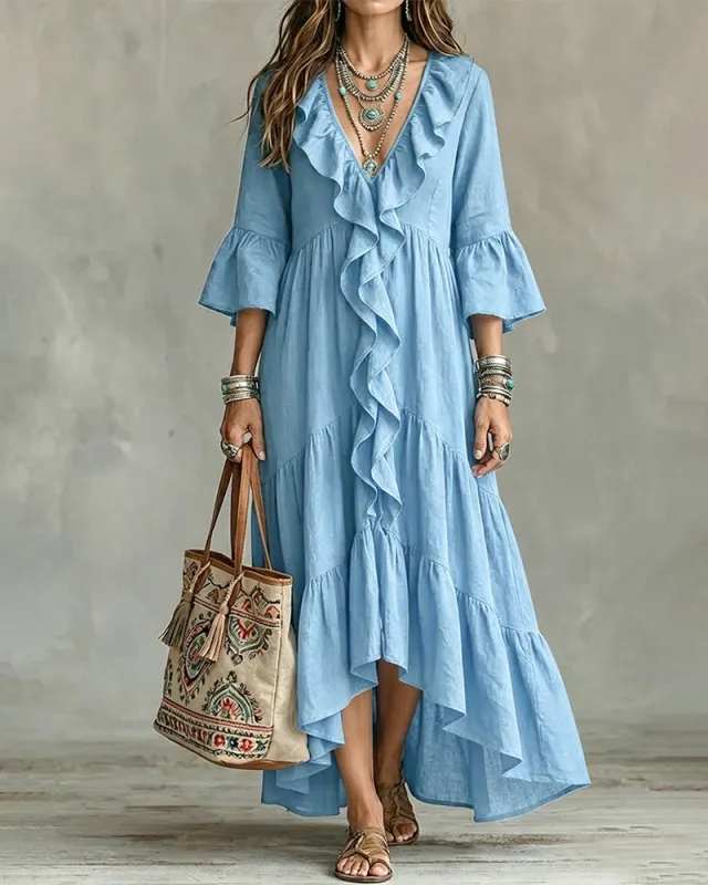 Flowy Vacation Deep V-neck Ruffled Dress made by zeagoo