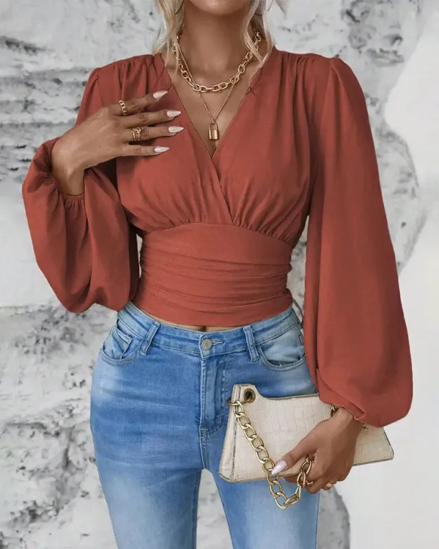 Elegant Ruched Cinching Waist Puff Sleeves Blouse made by zeagoo