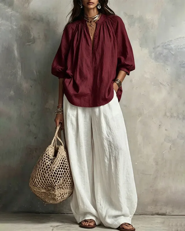 Ruched Collar Blouse And Wide Leg Pants Set made by zeagoo