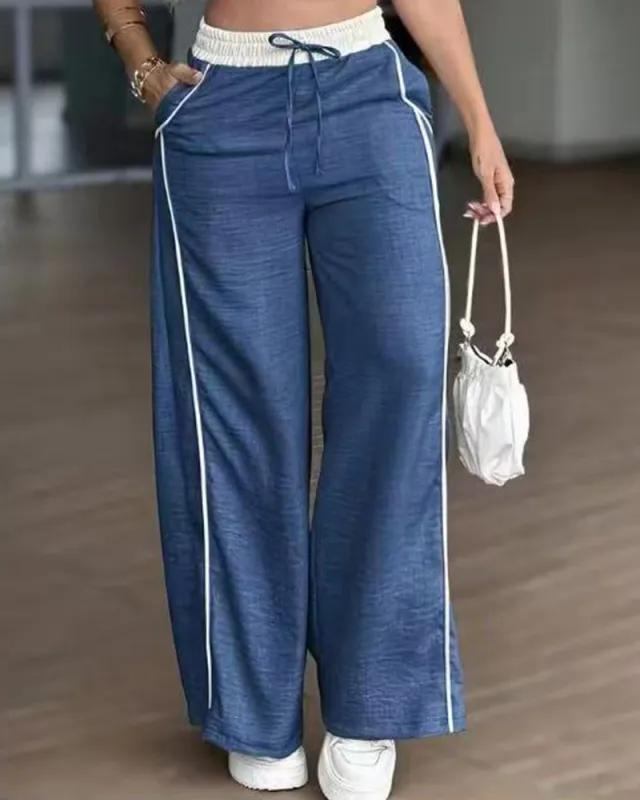 Casual High Waist Contrast Color Textured Wide-Leg Pants made by zeagoo