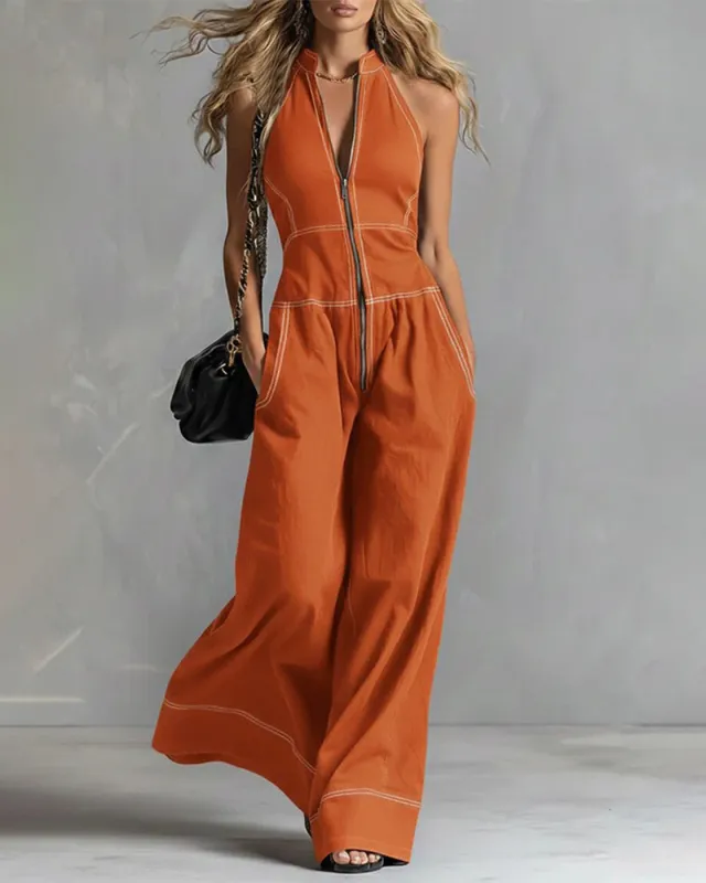 Sleeveless Halter Wide Leg Jumpsuit made by zeagoo