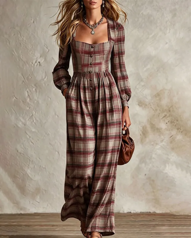 Vintage Plaid Wide Leg Jumpsuit made by zeagoo