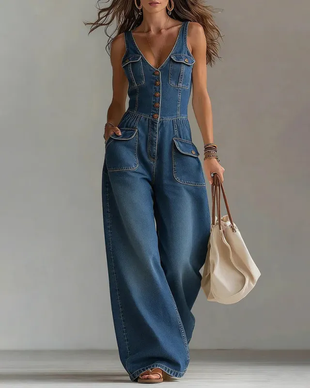Casual 100% Cotton Denim Wide Leg Jumpsuit made by zeagoo