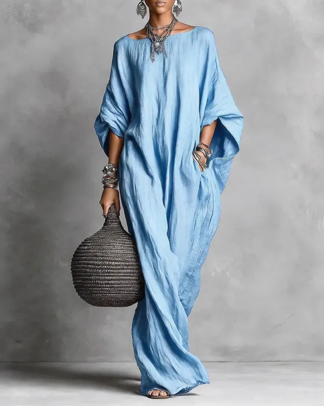 Casual Loose Boatneck Batwing Sleeve Maxi Dress With Pockets made by zeagoo