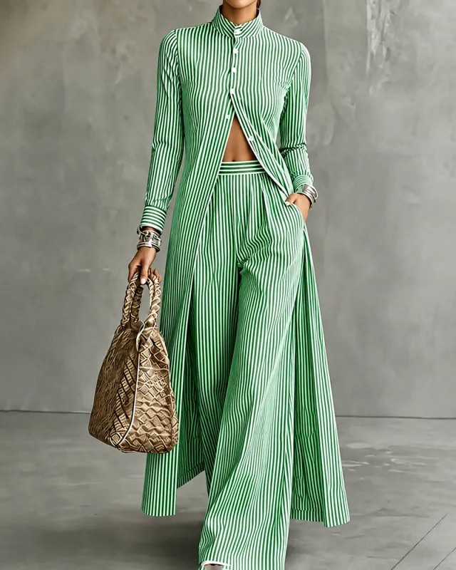 Elevated Casual Stripe Longline Shirt Pants Set made by zeagoo