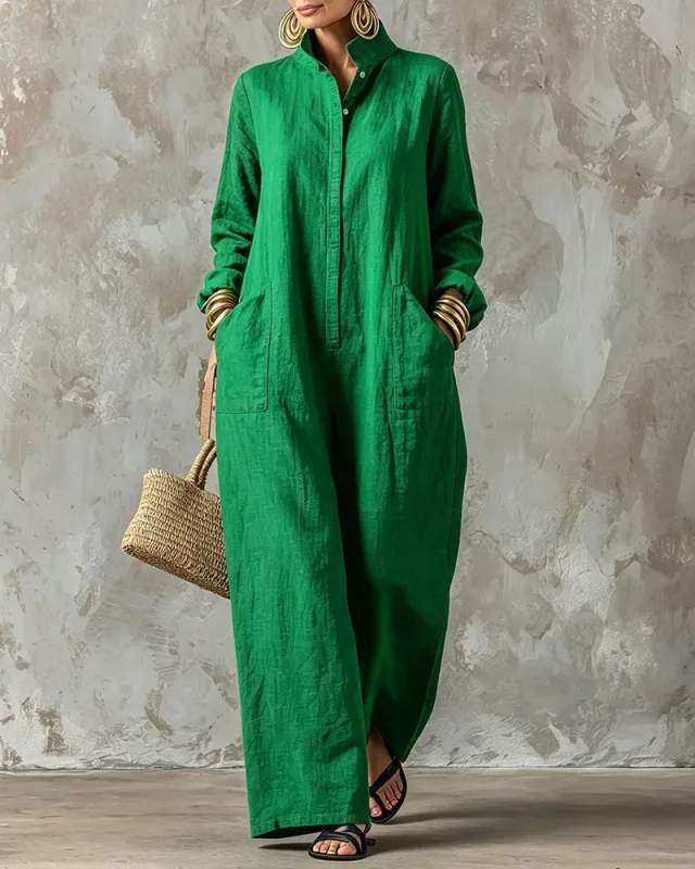 Comfy Loose Fit Straight Cut Long Sleeve Jumpsuit made by zeagoo