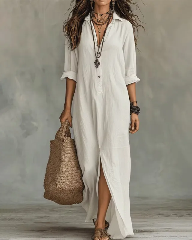 Half Button Down Loose Maxi Shirt Dress made by zeagoo