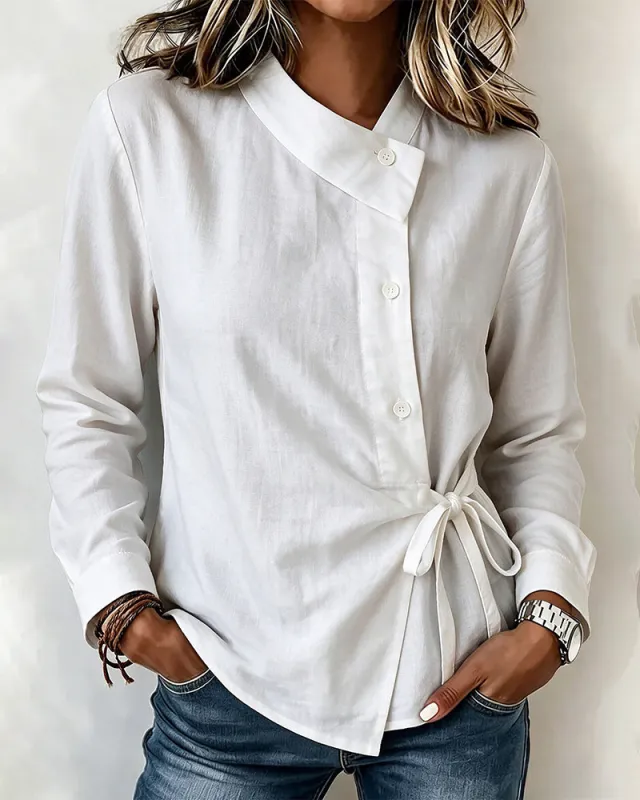 Asymmetric Collar Side Tie Wrap Blouse made by zeagoo