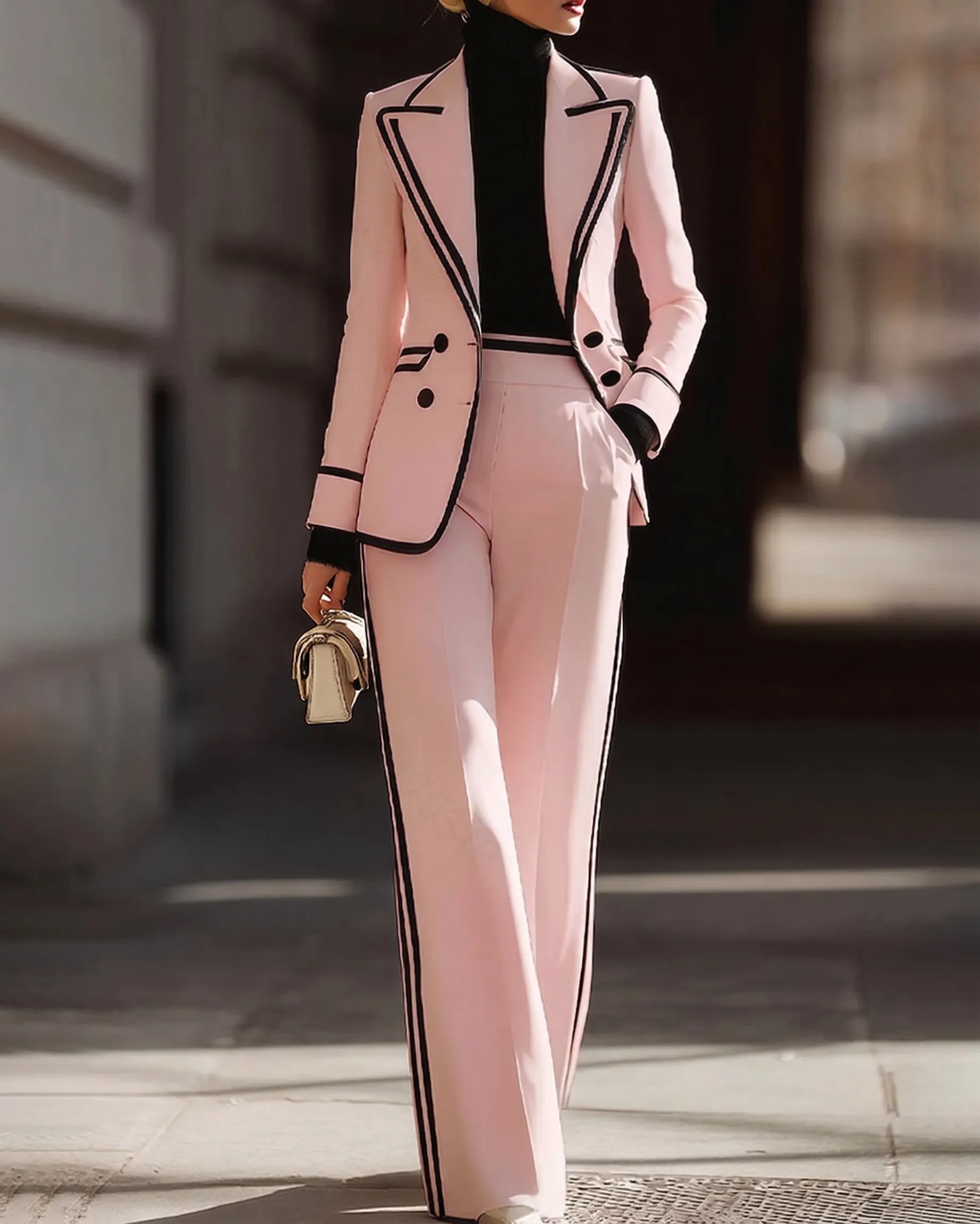 Contrast Trim Double Breasted Blazer And Wide Leg Pants Set sold by zeagoo product image thumbnail 2