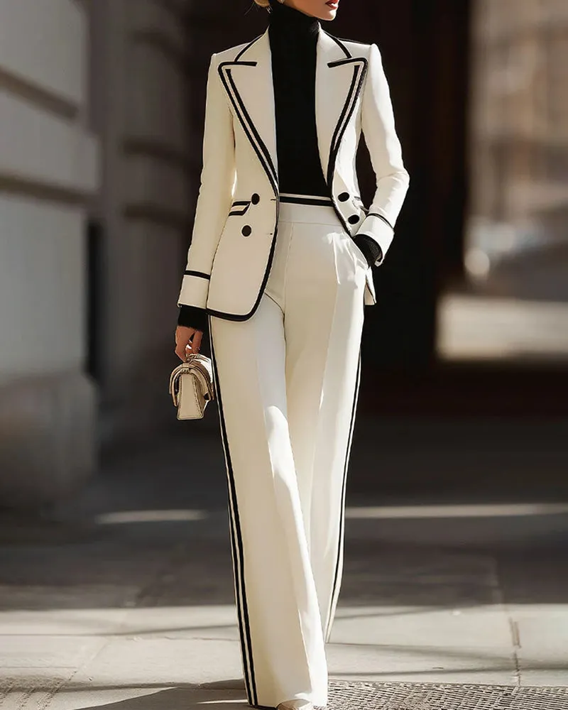 Contrast Trim Double Breasted Blazer And Wide Leg Pants Set sold by zeagoo
