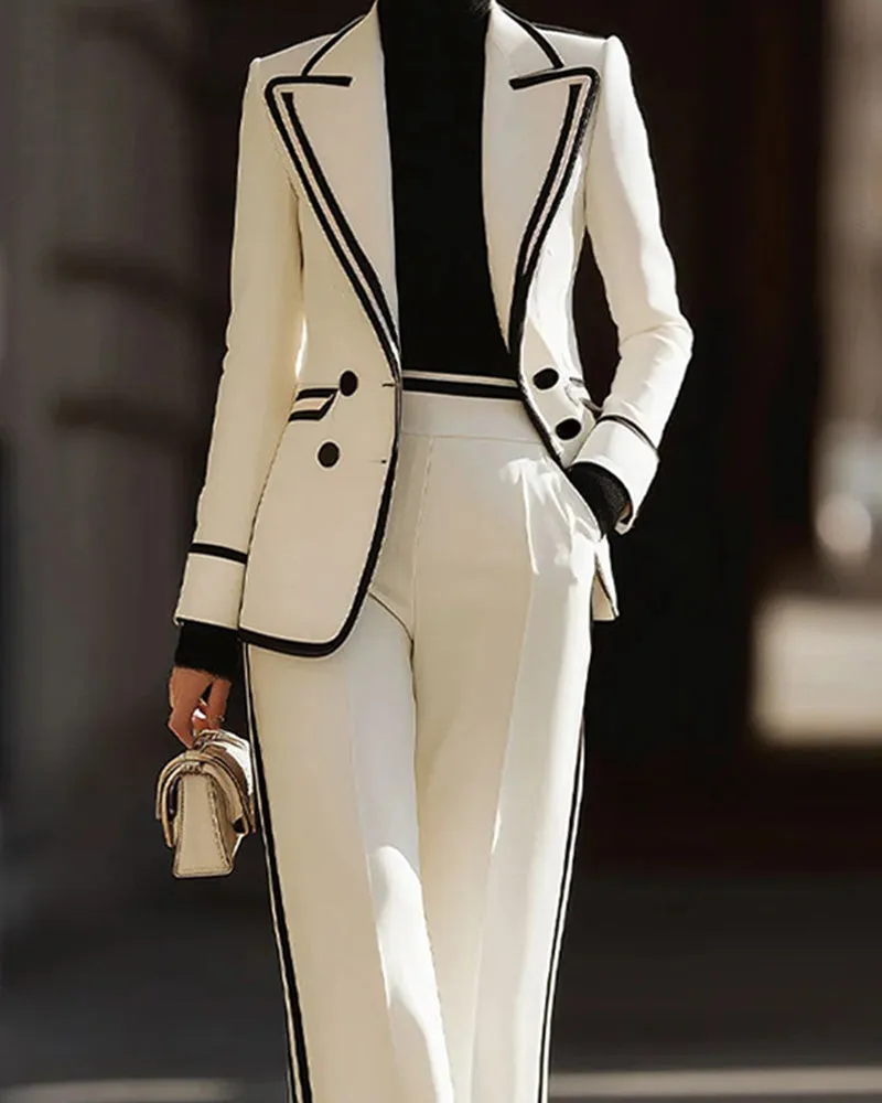 Contrast Trim Double Breasted Blazer And Wide Leg Pants Set sold by zeagoo product image thumbnail 4