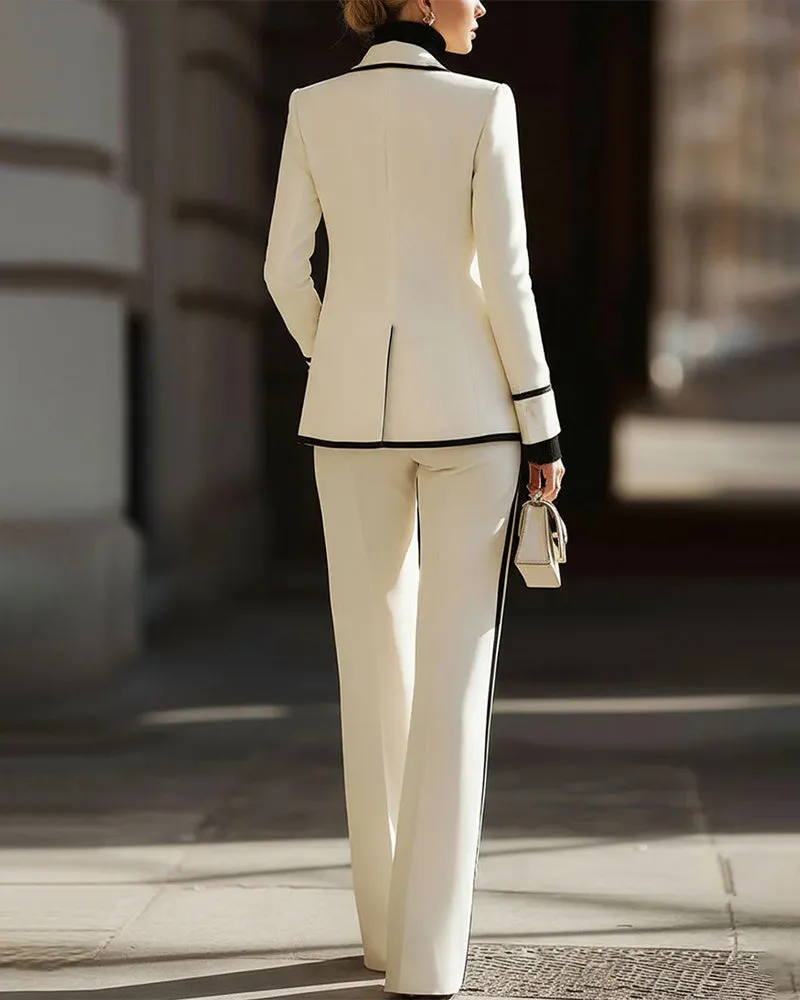 Contrast Trim Double Breasted Blazer And Wide Leg Pants Set sold by zeagoo product image thumbnail 3
