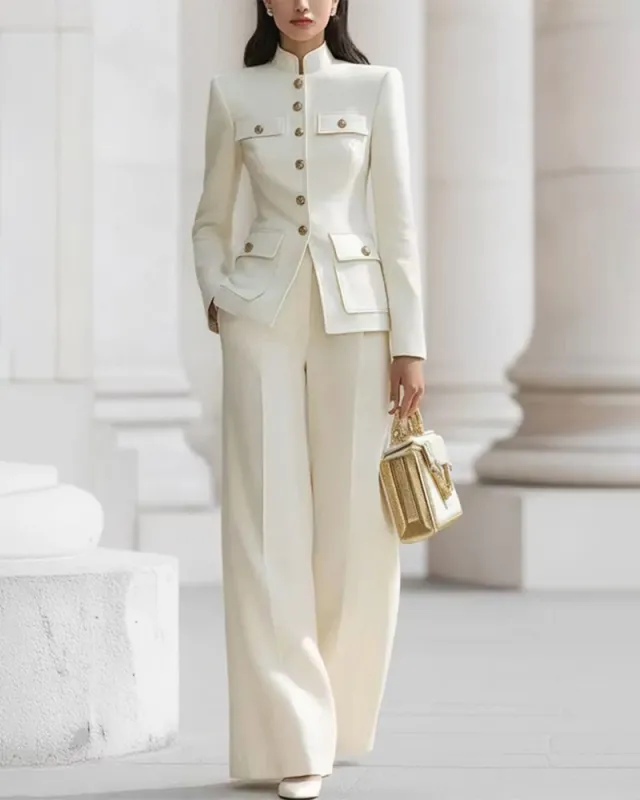 Mandarin Collar Military Style Blazer And Wide Leg Pants Set made by zeagoo