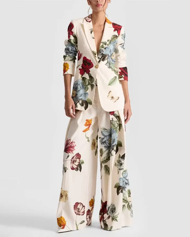 Vintage Floral Print Blazer And Wide Leg Pants Set sold by zeagoo product image thumbnail 3