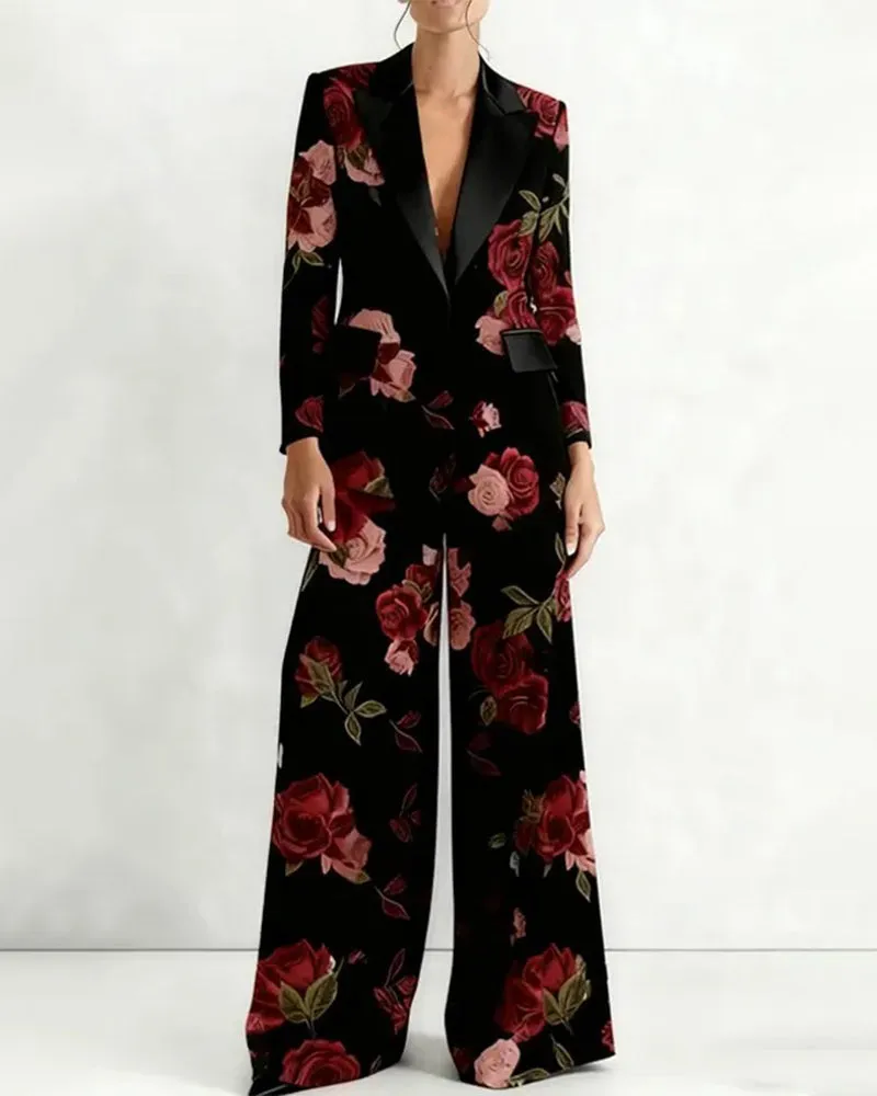 Vintage Floral Print Blazer And Wide Leg Pants Set sold by zeagoo product image thumbnail 4