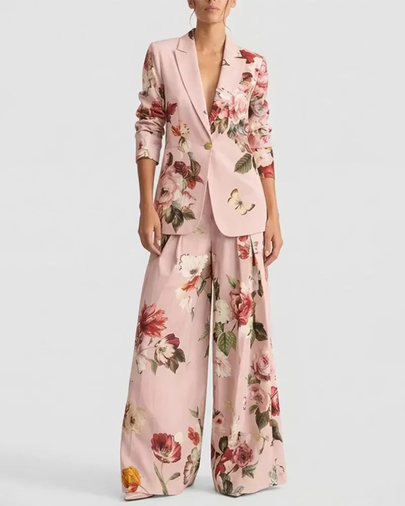 Vintage Floral Print Blazer And Wide Leg Pants Set sold by zeagoo product image thumbnail 2