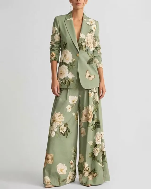 Vintage Floral Print Blazer And Wide Leg Pants Set made by zeagoo