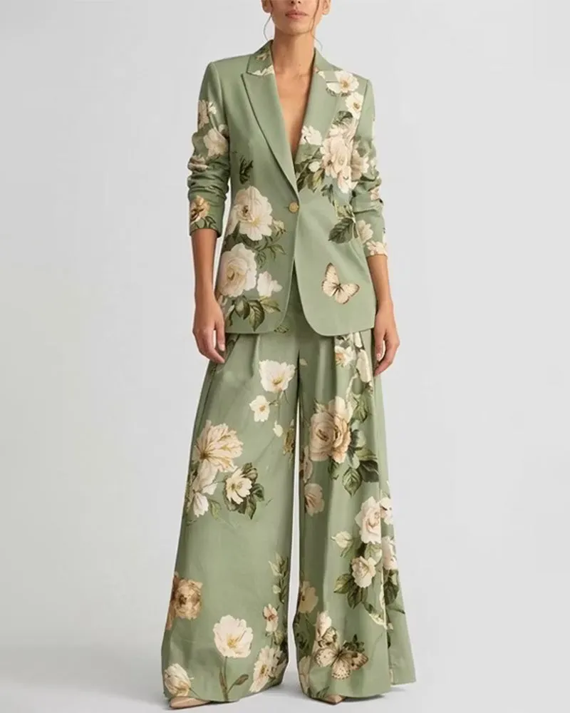 Vintage Floral Print Blazer And Wide Leg Pants Set sold by zeagoo