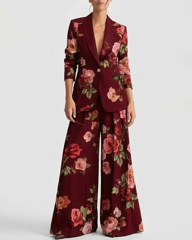 Vintage Floral Print Blazer And Wide Leg Pants Set sold by zeagoo product image thumbnail 5
