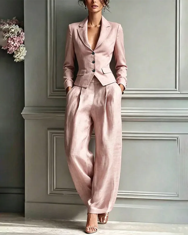 Smart Casual Lapel Collar Blazer Pants Set made by zeagoo