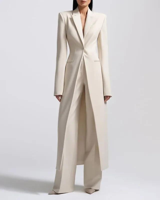 Long Split Tailored Blazer And Wide Leg Pants Suit Set made by zeagoo