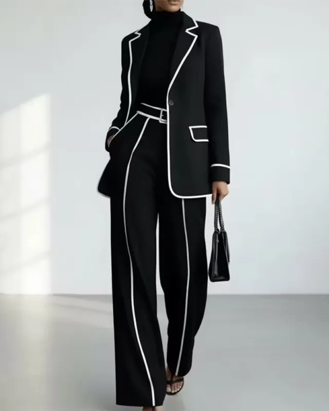 Contrast Piping Single Button Blazer And Wide Leg Pants Set made by zeagoo