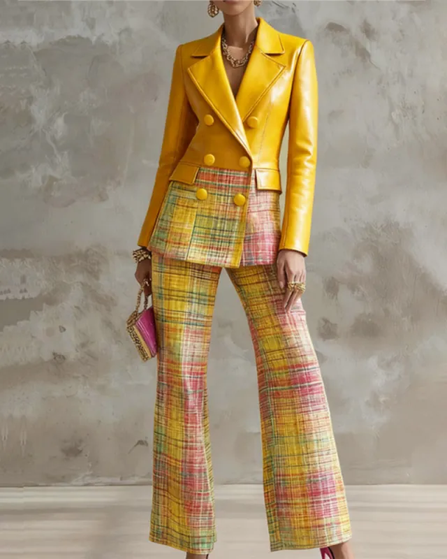Faux Leather Tweed Plaid Patchwork Blazer Pants Set made by zeagoo