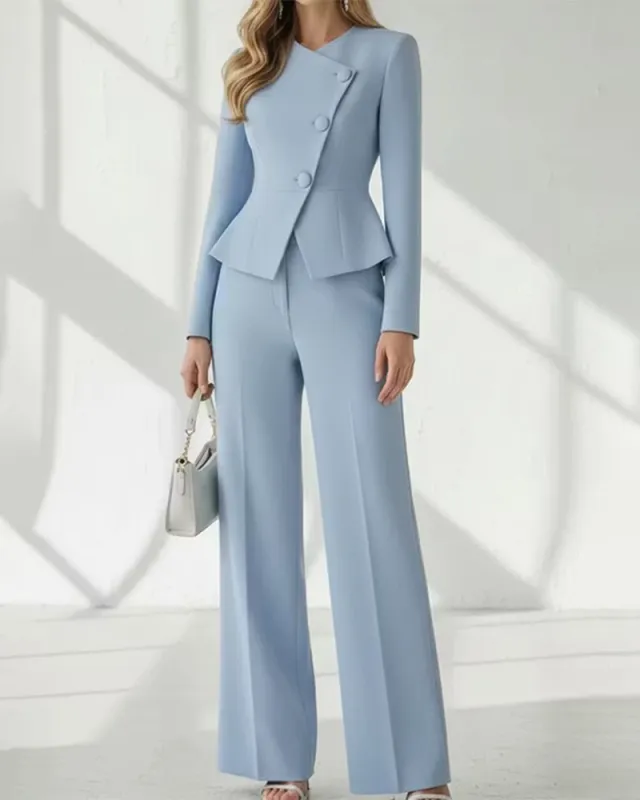 Asymmetric Button Peplum Blazer Wide Leg Pants Set made by zeagoo