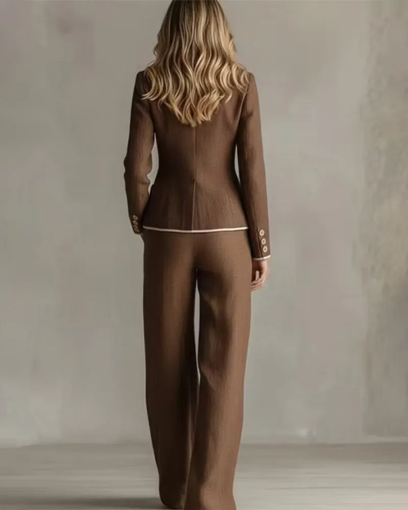 Contrast Piping Linen-Look Blazer and Wide-Leg Pants Set sold by zeagoo product image thumbnail 3